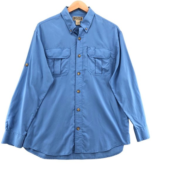 Duluth Trading Shirt Mens Large Blue Nylon Button Up Collared Long Sleeve Tech - Picture 1 of 11